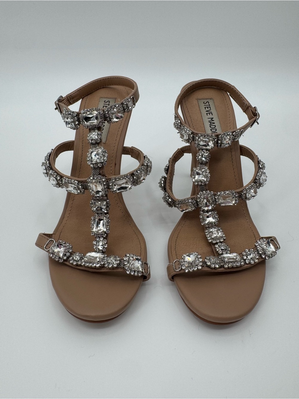 Steve Madden Nude Rhinestone T-Strap Stiletto Heels Sandals Size 8M Glam
